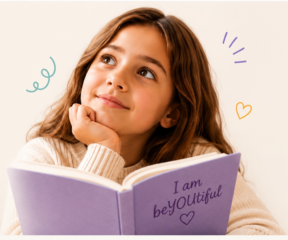 Young girl reflecting while holding a purple I am beYOUtiful journal