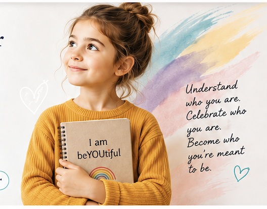 Girl holding an I am beYOUtiful notebook against a pastel background